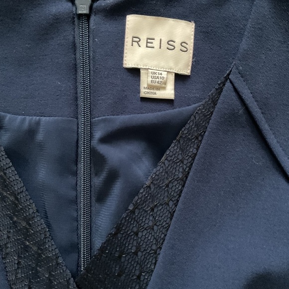 REISS Navy Blue Sheath Dress w/ Black Lace Neckline & Detail Sz US 10 $345 - Picture 2 of 5
